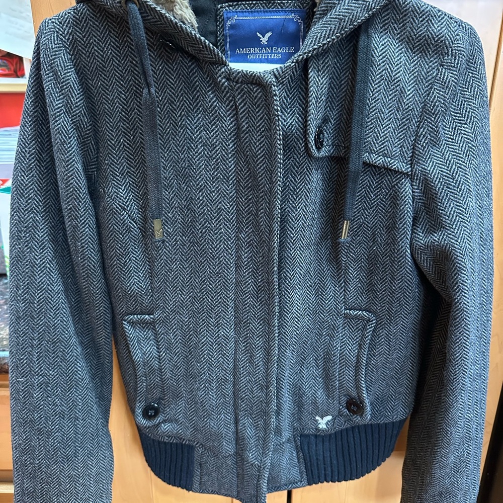 American Eagle Outfitters Gray Bomber Jacket with Ribbed Waistband